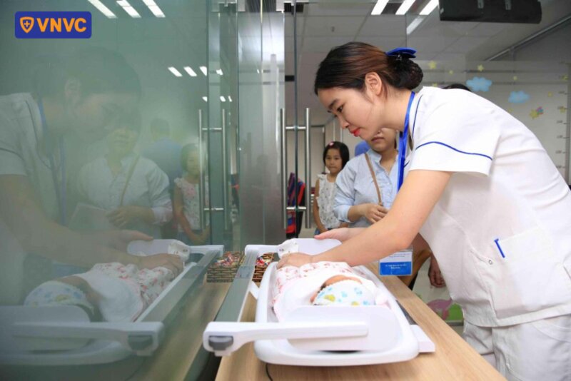 nhân viên lấy cân nặng bé