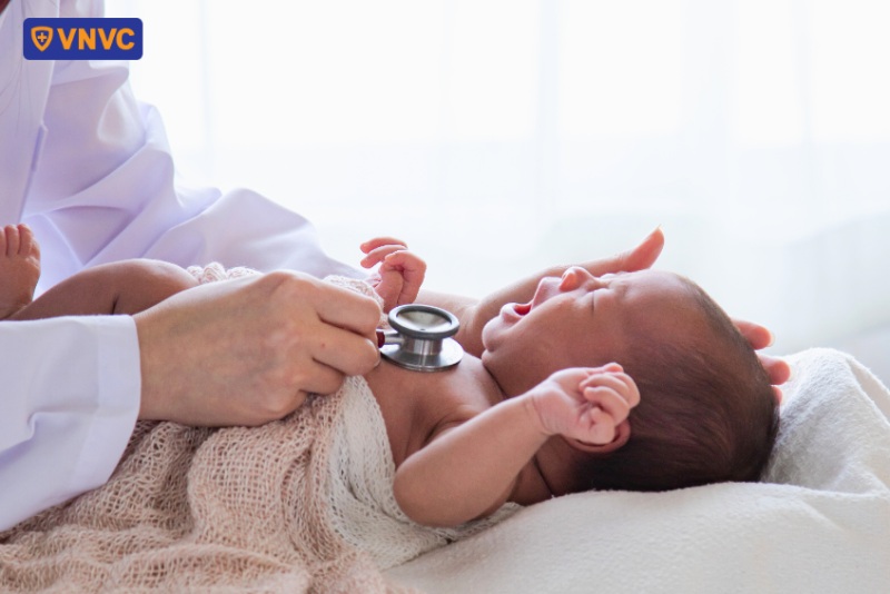 bác sĩ nghe phổi trẻ sơ sinh