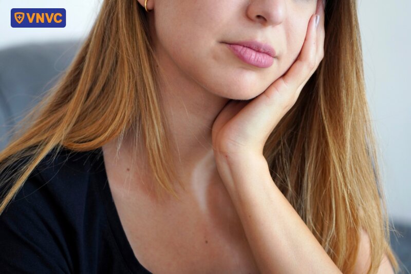 người phụ nữ sờ vào vùng quai hàm