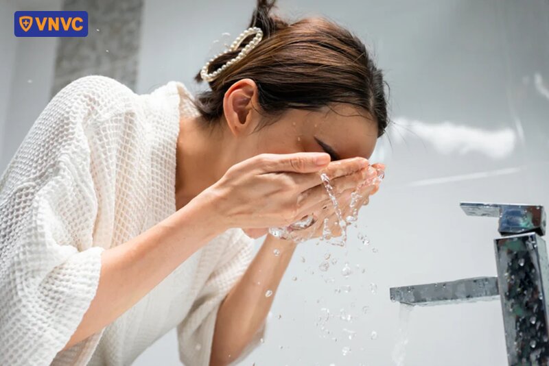 rửa mặt với nước sạch tại nhà
