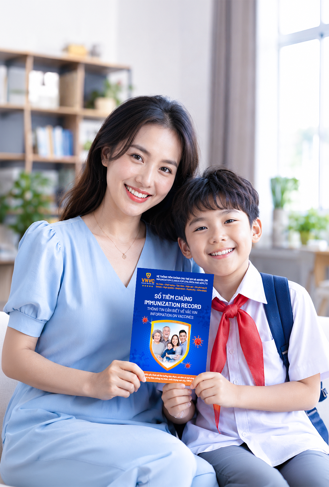 mẹ và bé cầm chứng nhận tiêm chủng