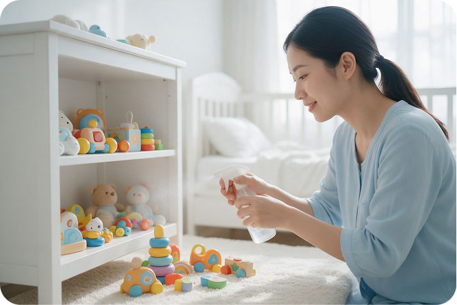 Mẹ xịt khử khuẩn đồ chơi của trẻ