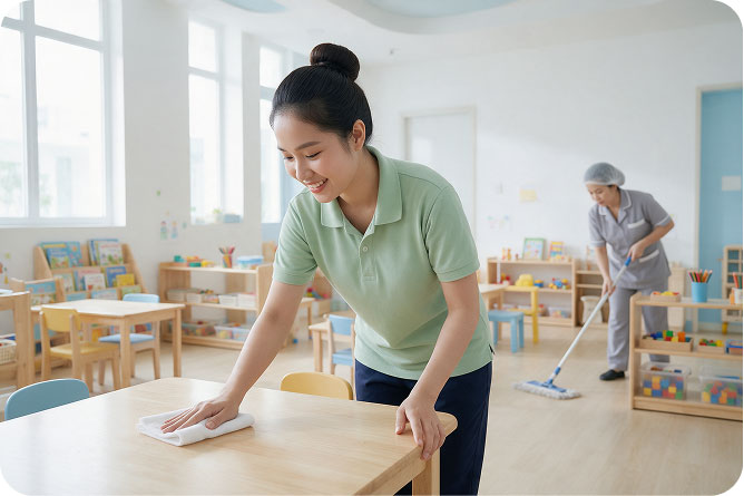 Vệ sinh bàn ghế và sàn lớp học