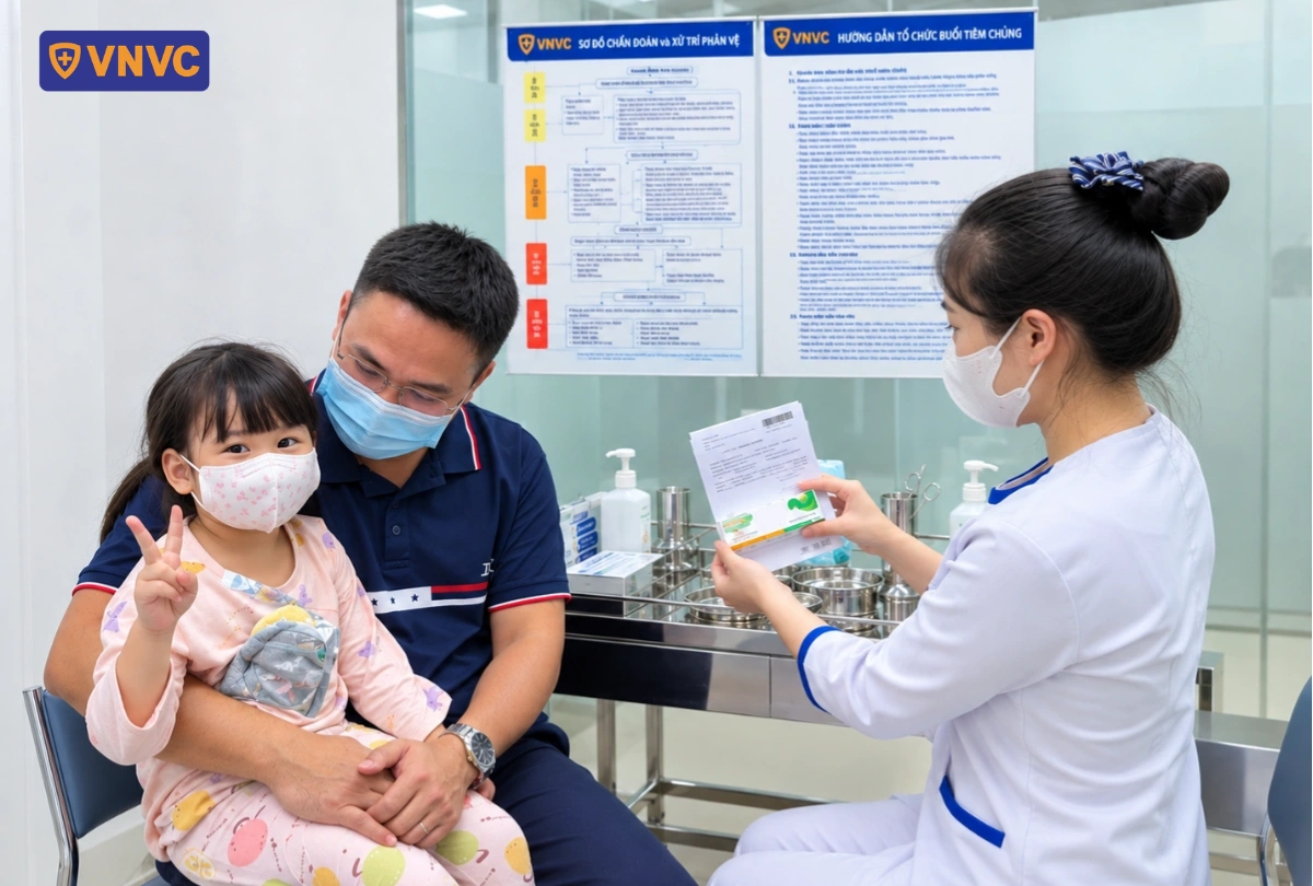 bé gái chuẩn bị tiêm tay chân miệng