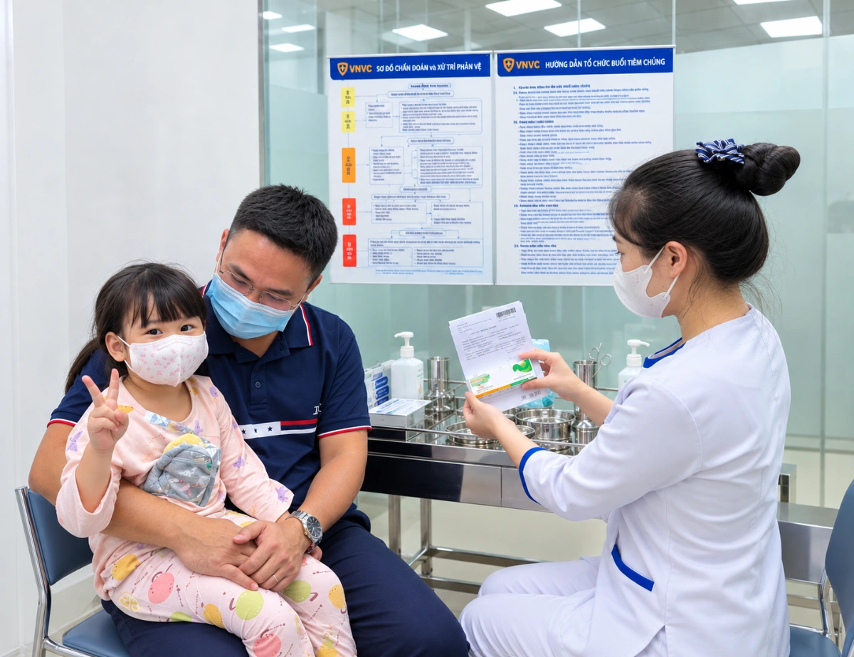 bé gái chuẩn bị tiêm tay chân miệng