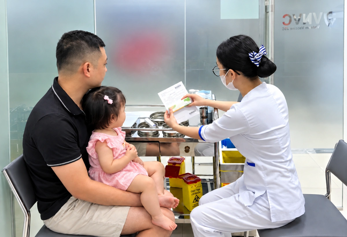 khách được tư vấn về vắc xin tay chân miệng
