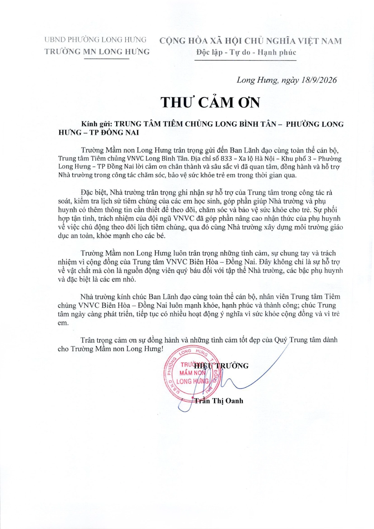 thank-you letter from long hung kindergarten to vnvc