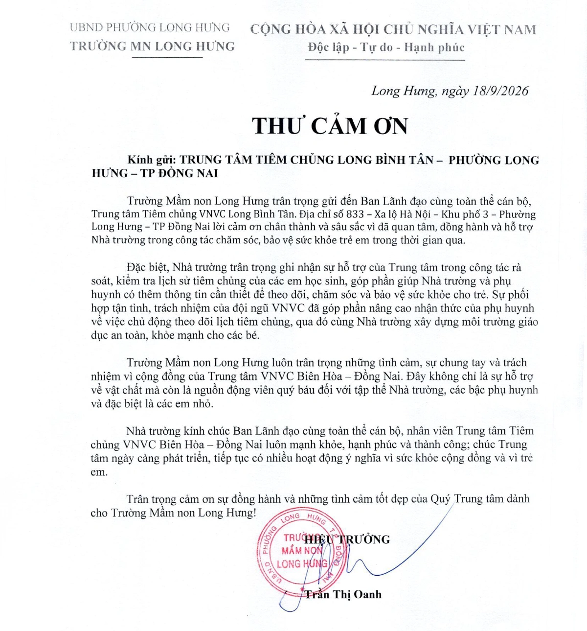 thư cảm ơn vnvc long bình tân